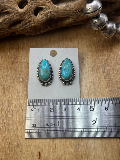 Kingman Turquoise Stud Earrings D by Freda Martinez, Navajo