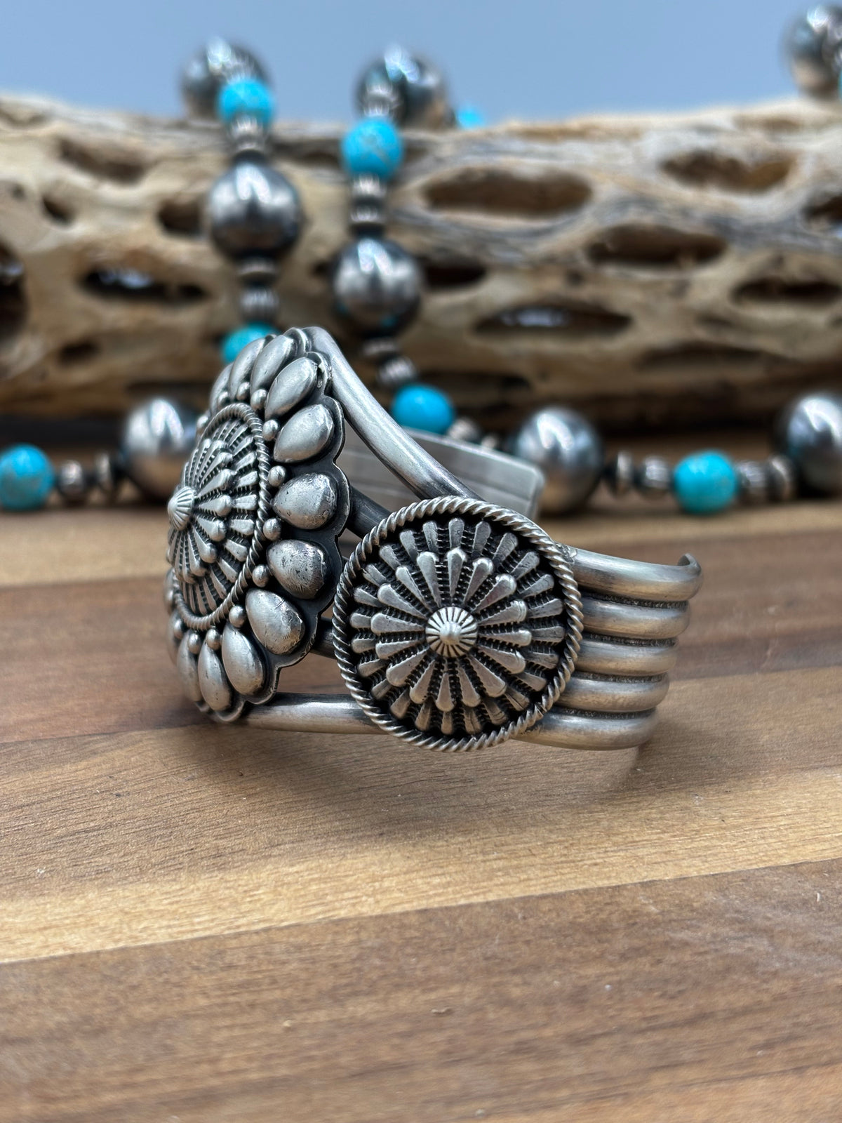 Tom Lewis Squash Blossom Necklace, Cuff, & Earrings Set by Tom Lewis, Navajo