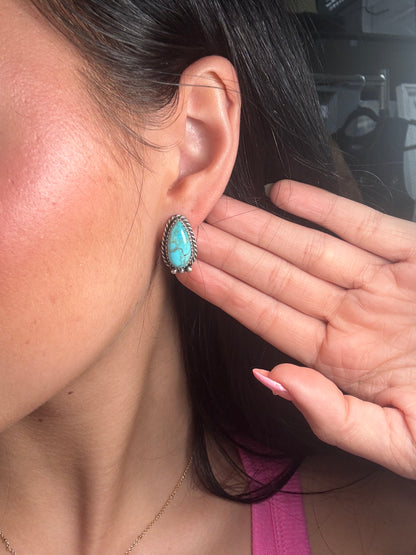 Kingman Turquoise Stud Earrings D by Freda Martinez, Navajo