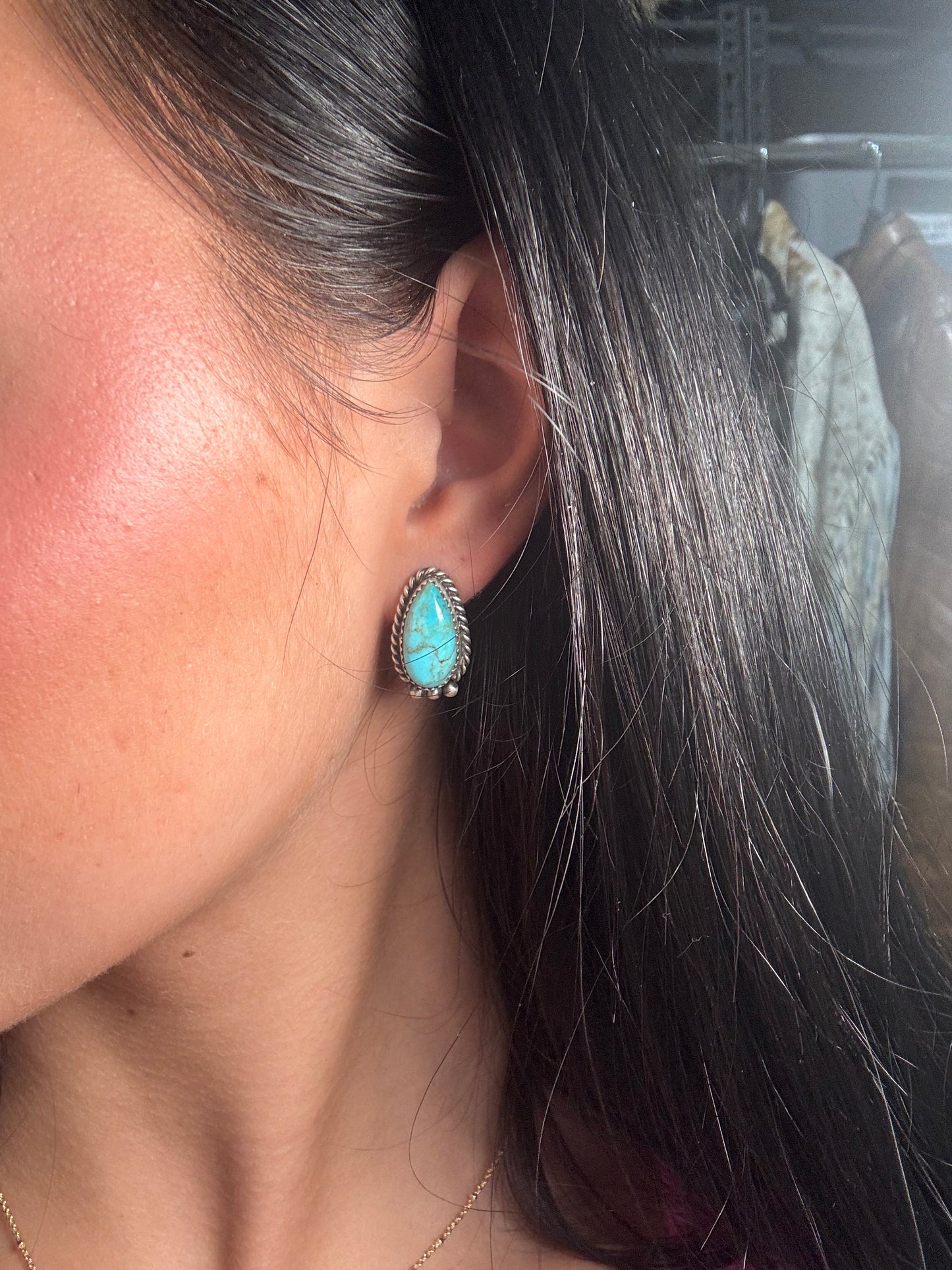 Kingman Turquoise Stud Earrings D by Freda Martinez, Navajo