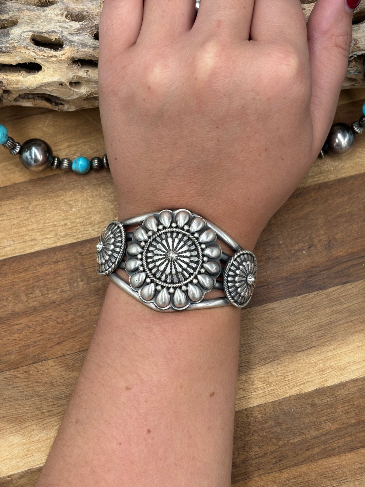 Tom Lewis Squash Blossom Necklace, Cuff, & Earrings Set by Tom Lewis, Navajo