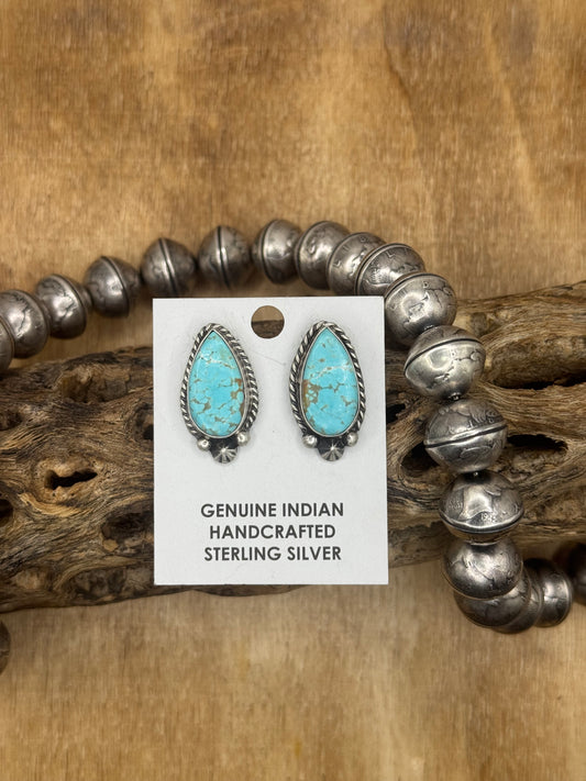 Kingman Turquoise Stud Earrings A by Chassity Belone, Navajo