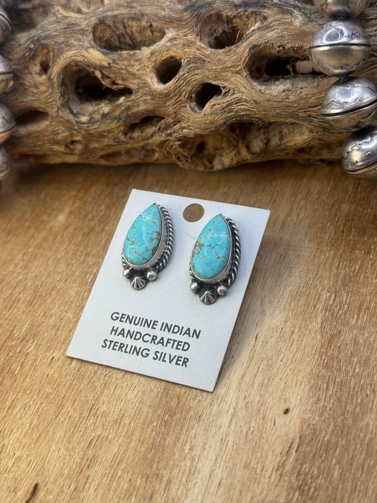 Kingman Turquoise Stud Earrings A by Chassity Belone, Navajo