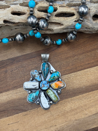 Multi-Stone #930-19 Cluster Pendant Turquoise, Bumblee Jasper, White Buffalo, Golden Hills, Sonoran Gold