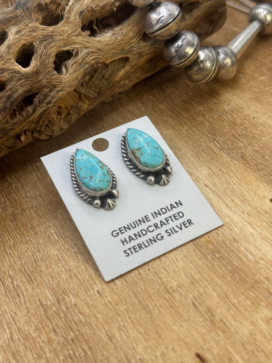 Kingman Turquoise Stud Earrings A by Chassity Belone, Navajo