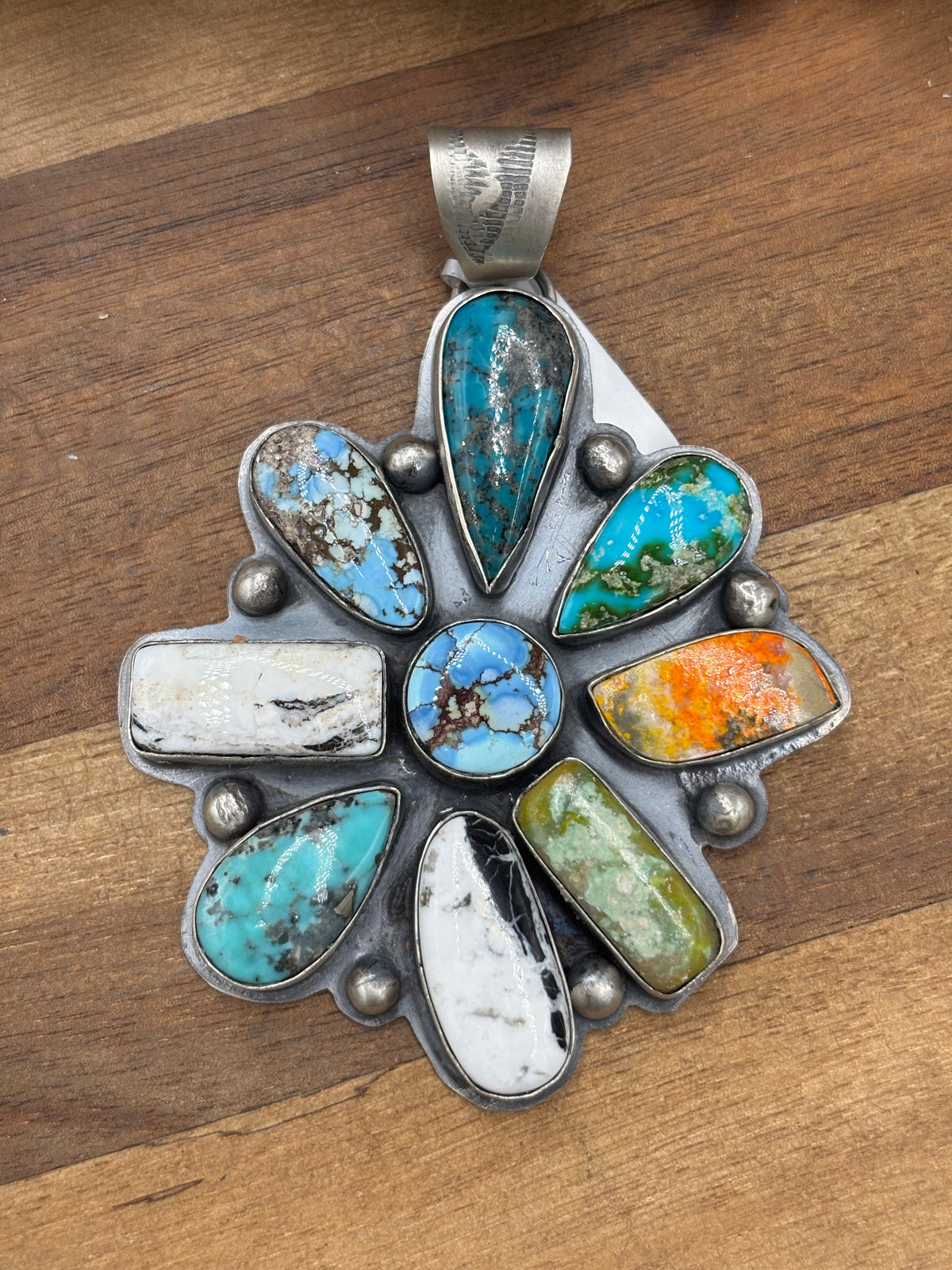 Multi-Stone #930-19 Cluster Pendant Turquoise, Bumblee Jasper, White Buffalo, Golden Hills, Sonoran Gold