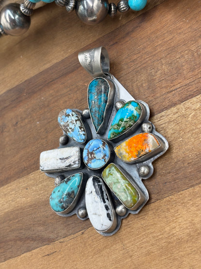 Multi-Stone #930-19 Cluster Pendant Turquoise, Bumblee Jasper, White Buffalo, Golden Hills, Sonoran Gold