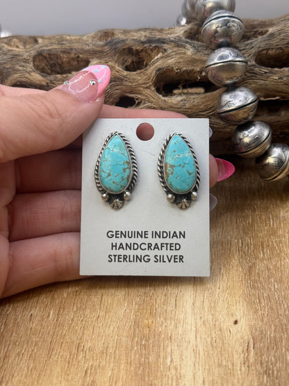Kingman Turquoise Stud Earrings A by Chassity Belone, Navajo