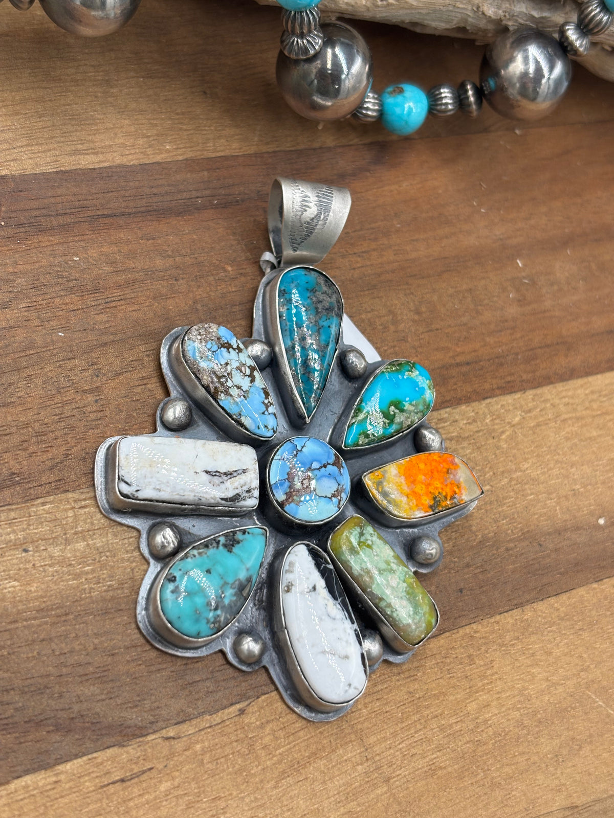 Multi-Stone #930-19 Cluster Pendant Turquoise, Bumblee Jasper, White Buffalo, Golden Hills, Sonoran Gold