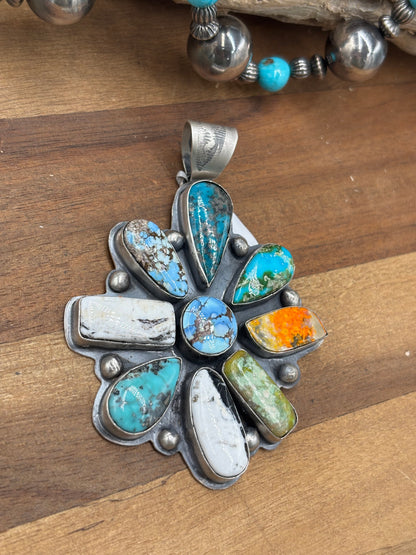 Multi-Stone #930-19 Cluster Pendant Turquoise, Bumblee Jasper, White Buffalo, Golden Hills, Sonoran Gold