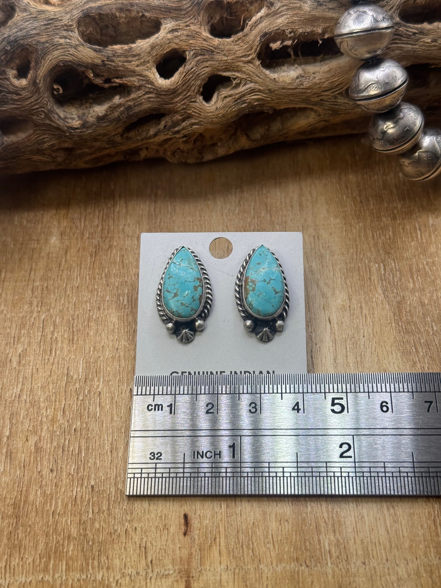 Kingman Turquoise Stud Earrings A by Chassity Belone, Navajo