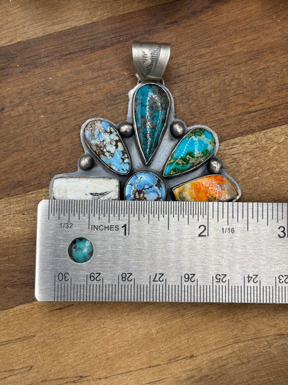 Multi-Stone #930-19 Cluster Pendant Turquoise, Bumblee Jasper, White Buffalo, Golden Hills, Sonoran Gold