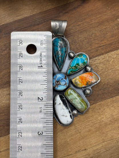 Multi-Stone #930-19 Cluster Pendant Turquoise, Bumblee Jasper, White Buffalo, Golden Hills, Sonoran Gold