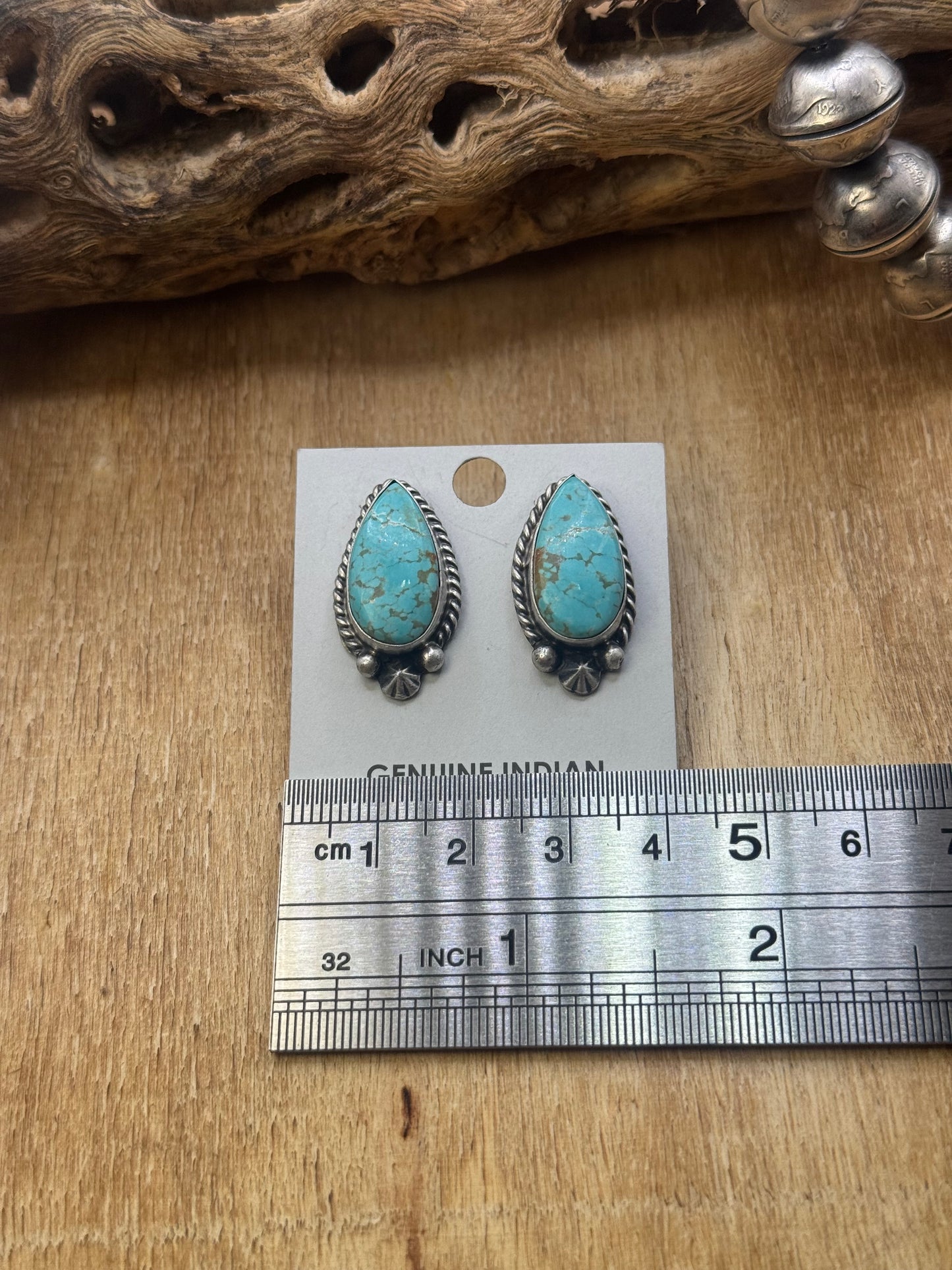 Kingman Turquoise Stud Earrings A by Chassity Belone, Navajo