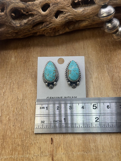 Kingman Turquoise Stud Earrings A by Chassity Belone, Navajo