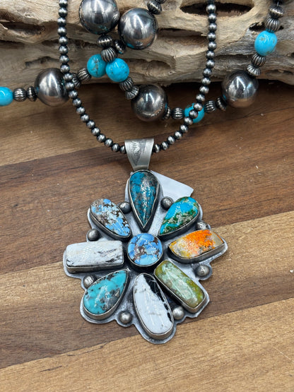 Multi-Stone #930-19 Cluster Pendant Turquoise, Bumblee Jasper, White Buffalo, Golden Hills, Sonoran Gold
