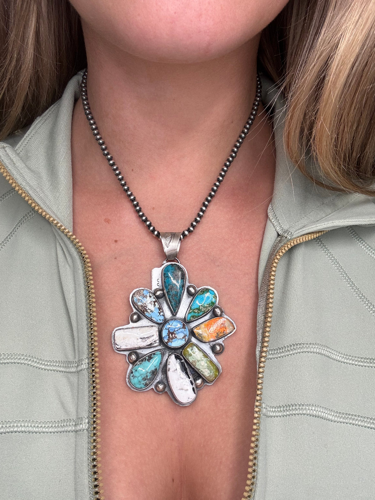 Multi-Stone #930-19 Cluster Pendant Turquoise, Bumblee Jasper, White Buffalo, Golden Hills, Sonoran Gold