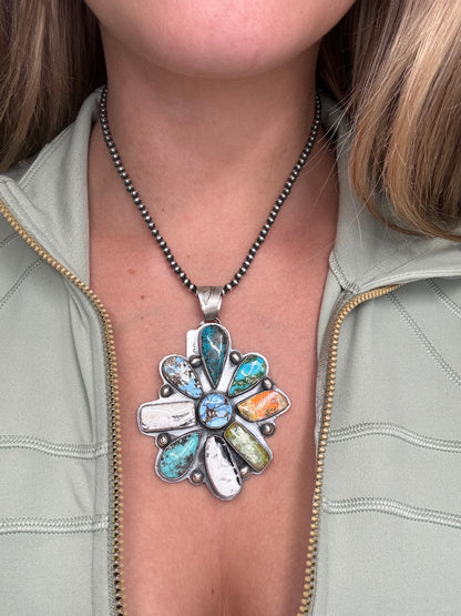 Multi-Stone #930-19 Cluster Pendant Turquoise, Bumblee Jasper, White Buffalo, Golden Hills, Sonoran Gold
