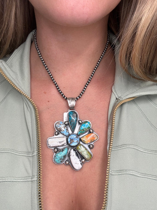 Multi-Stone #930-19 Cluster Pendant Turquoise, Bumblee Jasper, White Buffalo, Golden Hills, Sonoran Gold