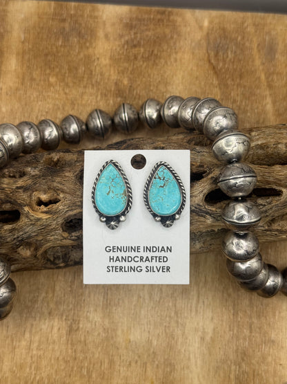 Kingman Turquoise Stud Earrings B by Chassity Belone, Navajo