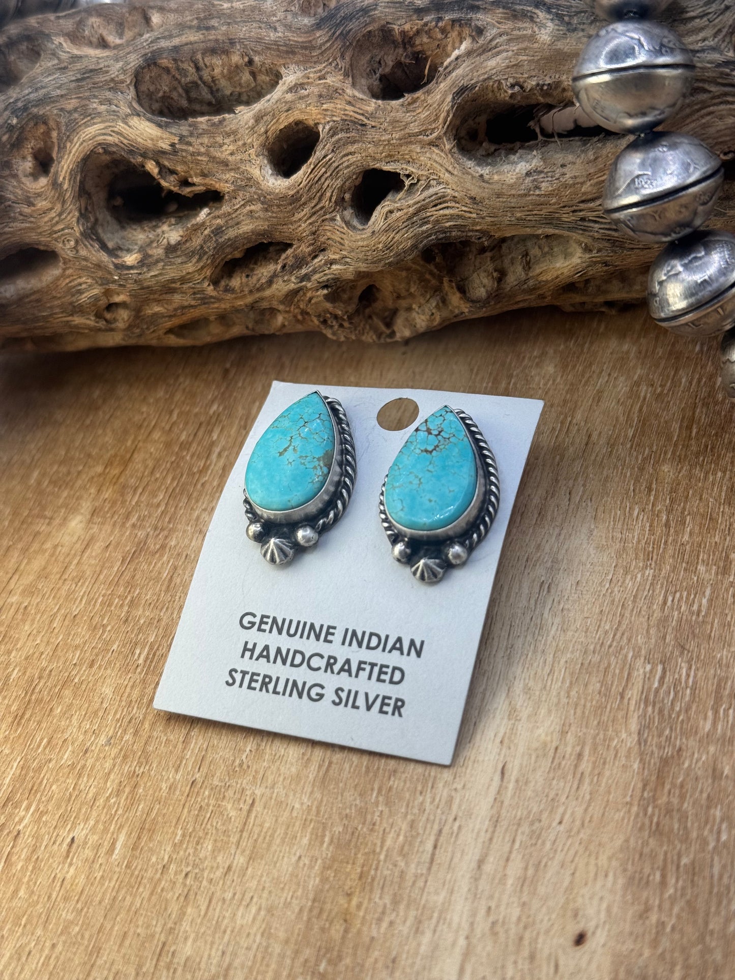 Kingman Turquoise Stud Earrings B by Chassity Belone, Navajo
