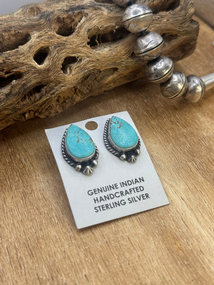 Kingman Turquoise Stud Earrings B by Chassity Belone, Navajo