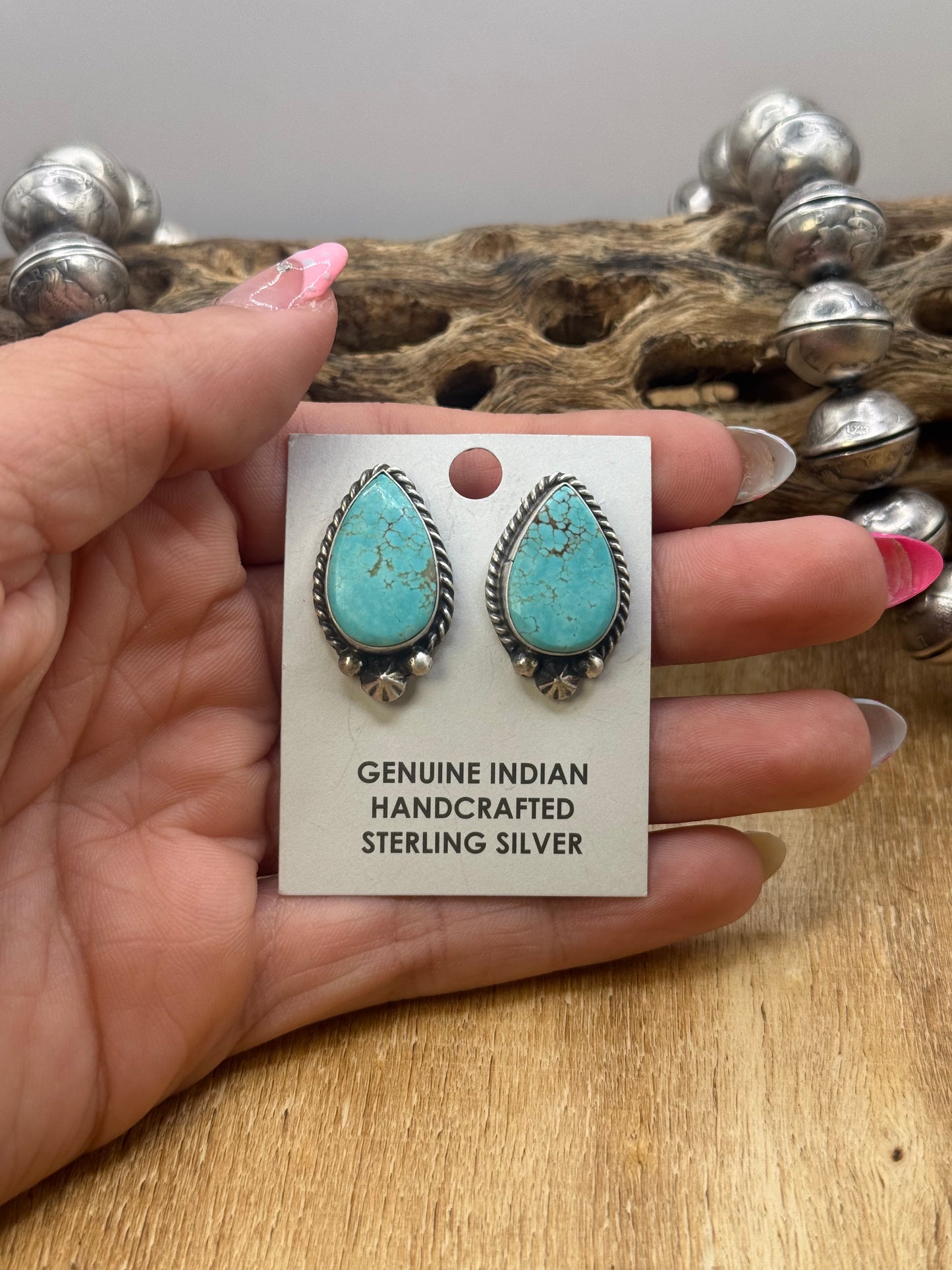 Kingman Turquoise Stud Earrings B by Chassity Belone, Navajo