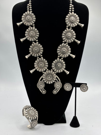 Tom Lewis Squash Blossom Necklace, Cuff, & Earrings Set by Tom Lewis, Navajo