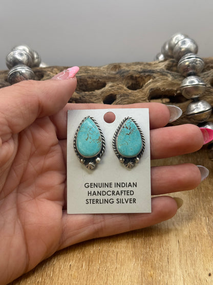 Kingman Turquoise Stud Earrings B by Chassity Belone, Navajo