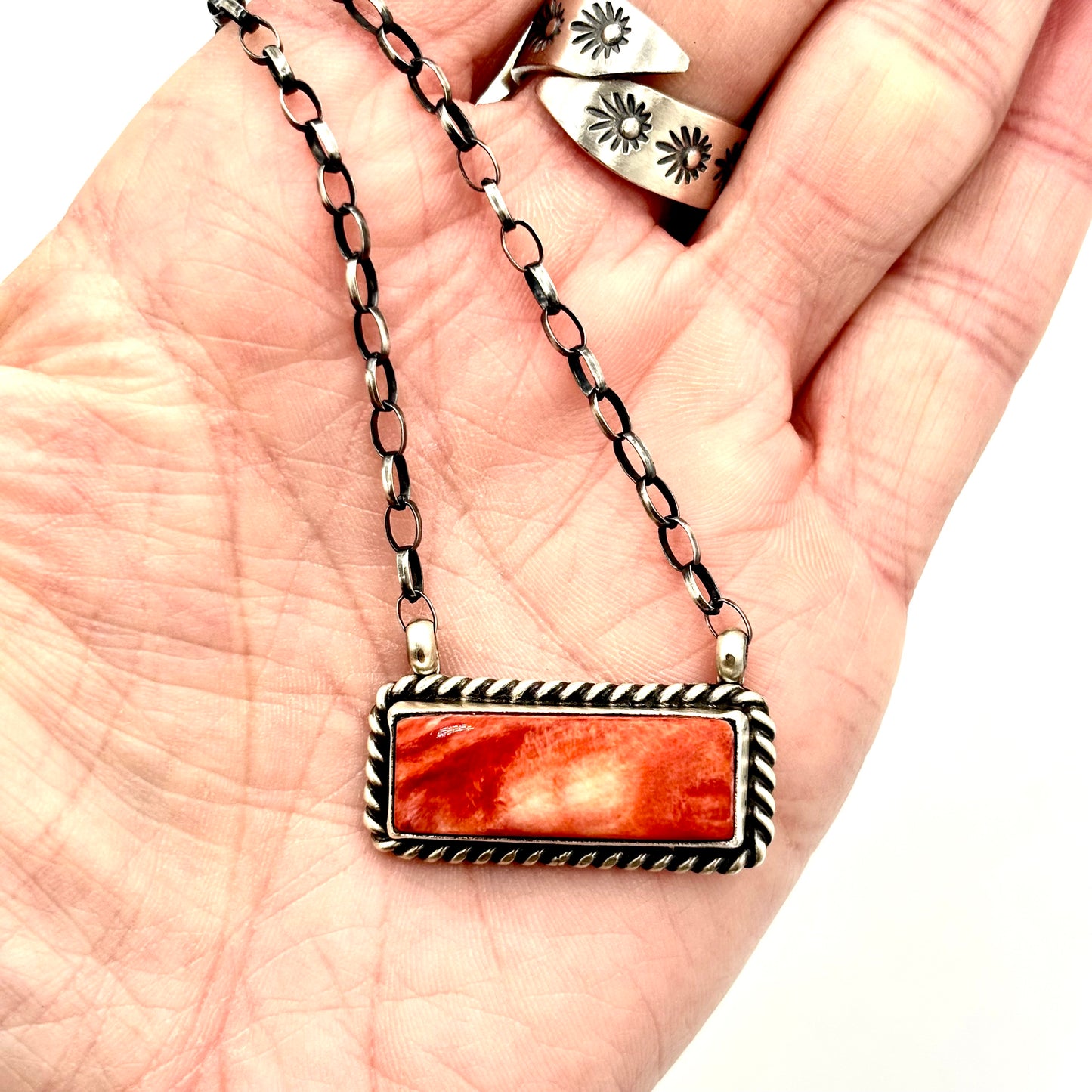 16" Red Spiny Oyster Bar Necklace By Johnny Dixon, Navajo