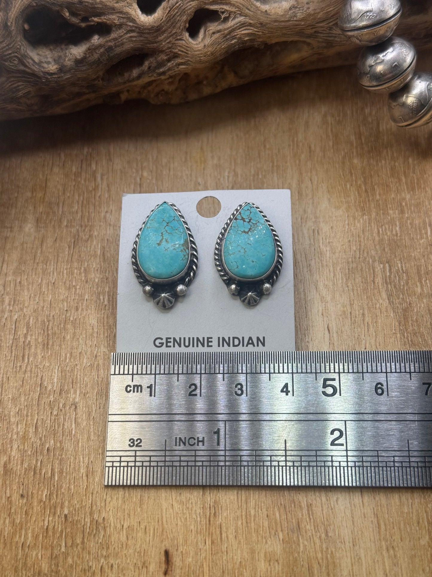 Kingman Turquoise Stud Earrings B by Chassity Belone, Navajo
