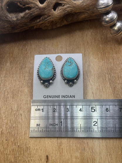 Kingman Turquoise Stud Earrings B by Chassity Belone, Navajo