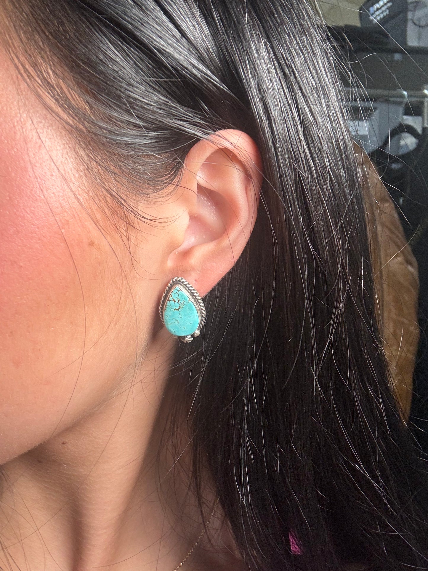 Kingman Turquoise Stud Earrings B by Chassity Belone, Navajo