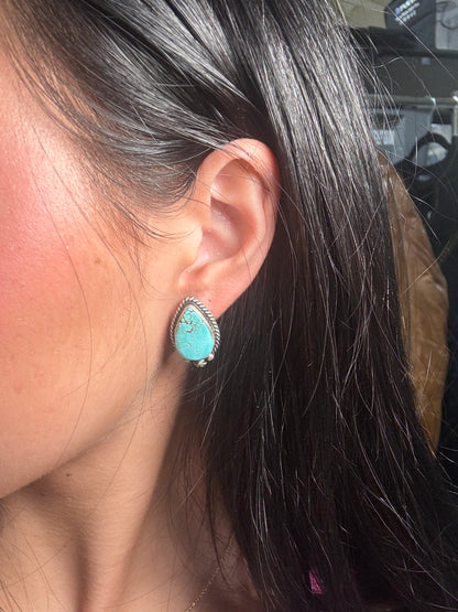 Kingman Turquoise Stud Earrings B by Chassity Belone, Navajo