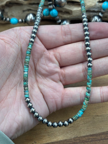 18" 5mm Turquoise #926-14 & Sterling Silver Pearl Necklace