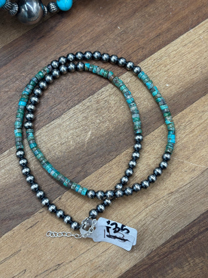 18" 5mm Turquoise #926-14 & Sterling Silver Pearl Necklace