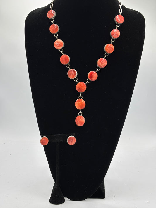 Red Spiny Lariat & Earrings by Levi Hoskie, Navajo