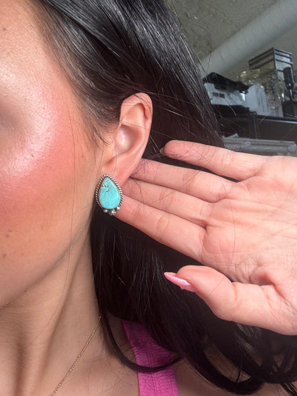 Kingman Turquoise Stud Earrings B by Chassity Belone, Navajo