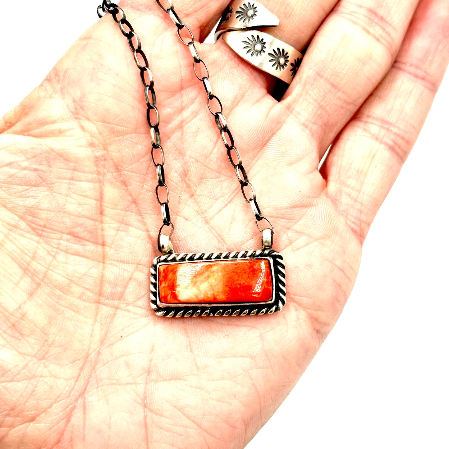 16" Red Spiny Oyster Bar Necklace By Johnny Dixon, Navajo