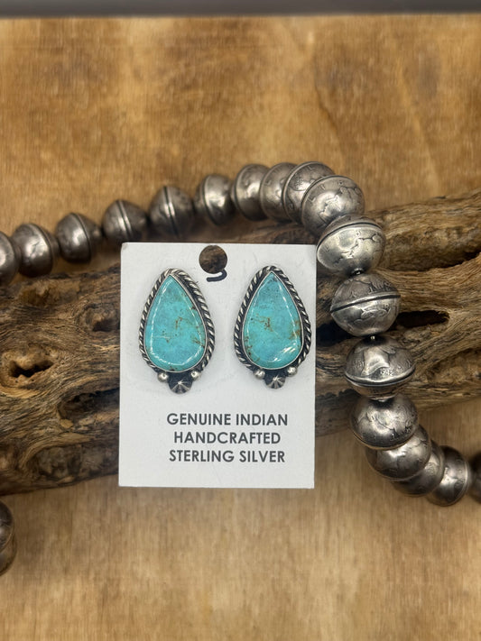Kingman Turquoise Stud Earrings C by Chassity Belone, Navajo