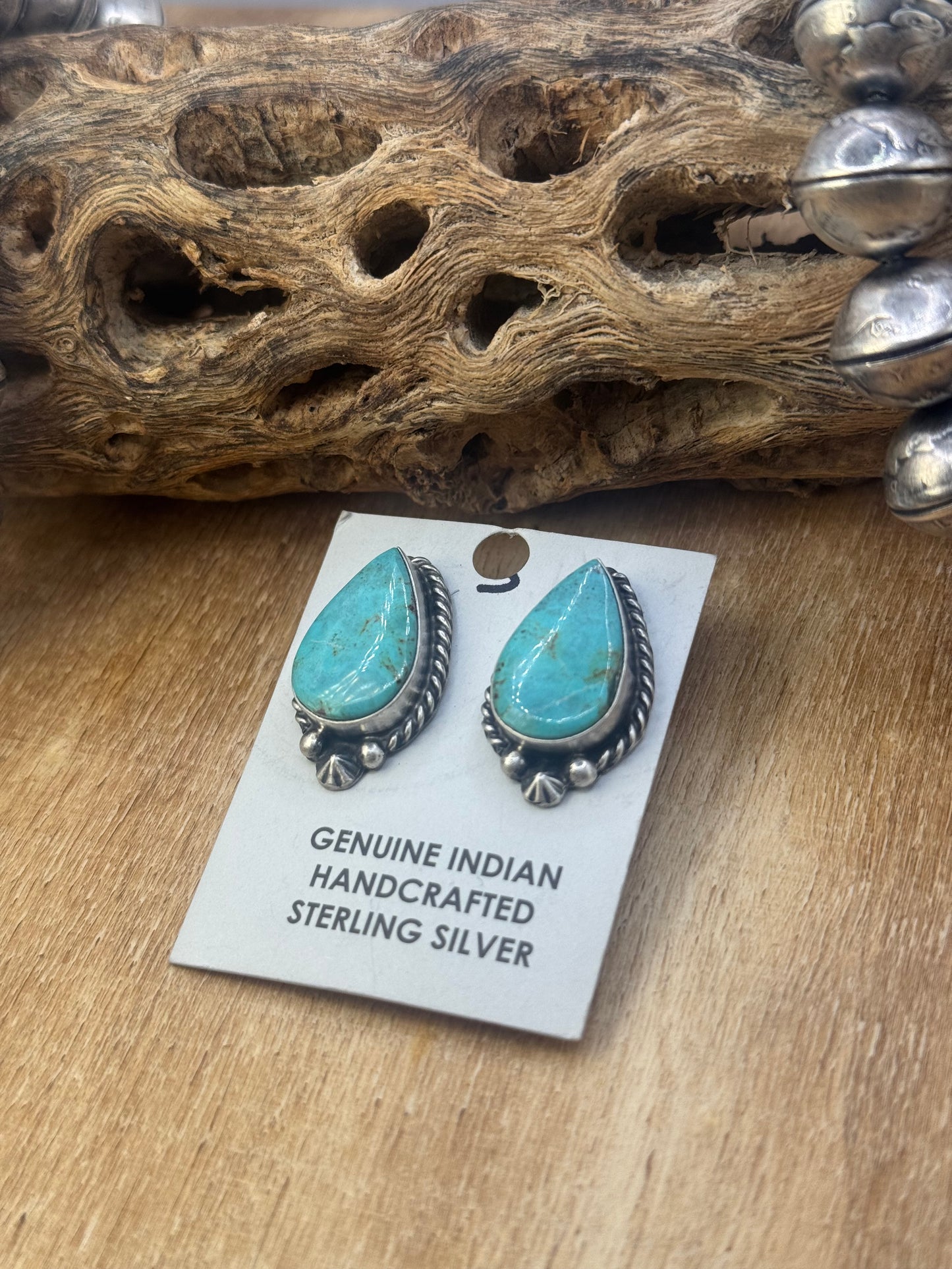 Kingman Turquoise Stud Earrings C by Chassity Belone, Navajo
