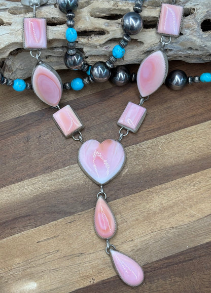 Pink Conch #101-30 Heart Lariat Necklace Set by Levi Hoskie, Navajo