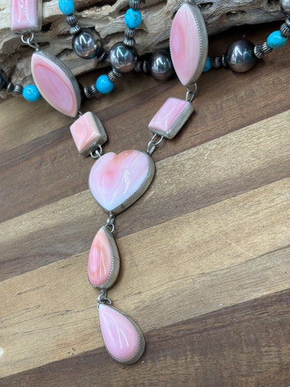 Pink Conch #101-30 Heart Lariat Necklace Set by Levi Hoskie, Navajo