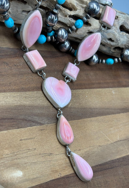 Pink Conch #101-30 Heart Lariat Necklace Set by Levi Hoskie, Navajo