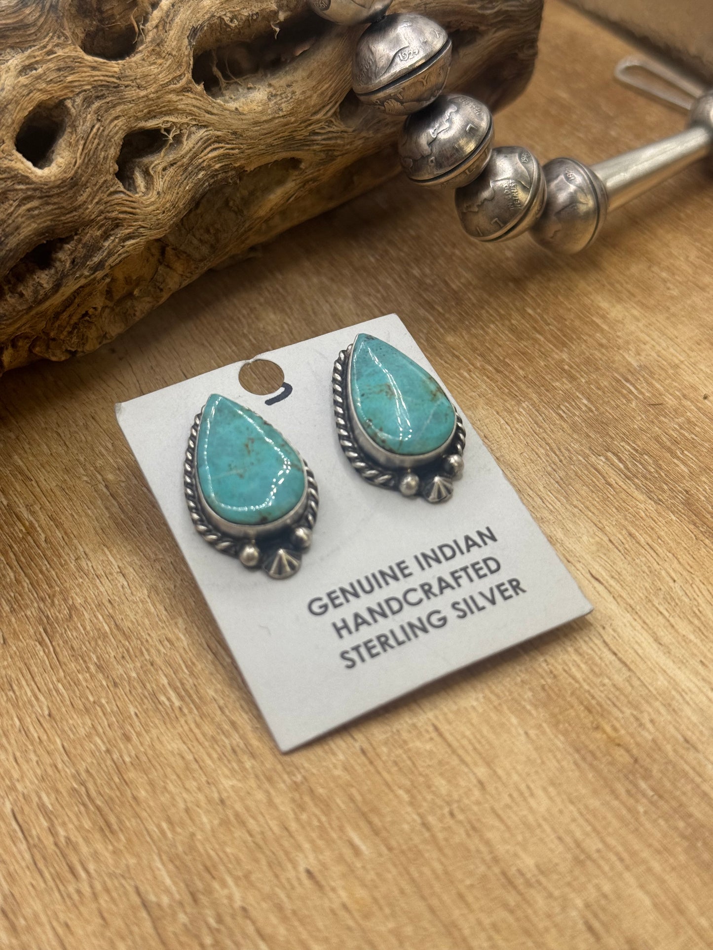 Kingman Turquoise Stud Earrings C by Chassity Belone, Navajo