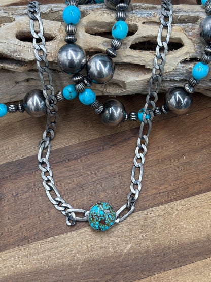 Polychrome Webbed #101-2 Kingman Turquoise Figaro Chain Necklace