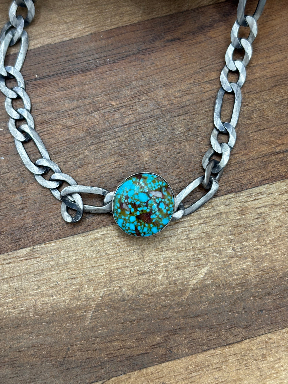 Polychrome Webbed #101-2 Kingman Turquoise Figaro Chain Necklace