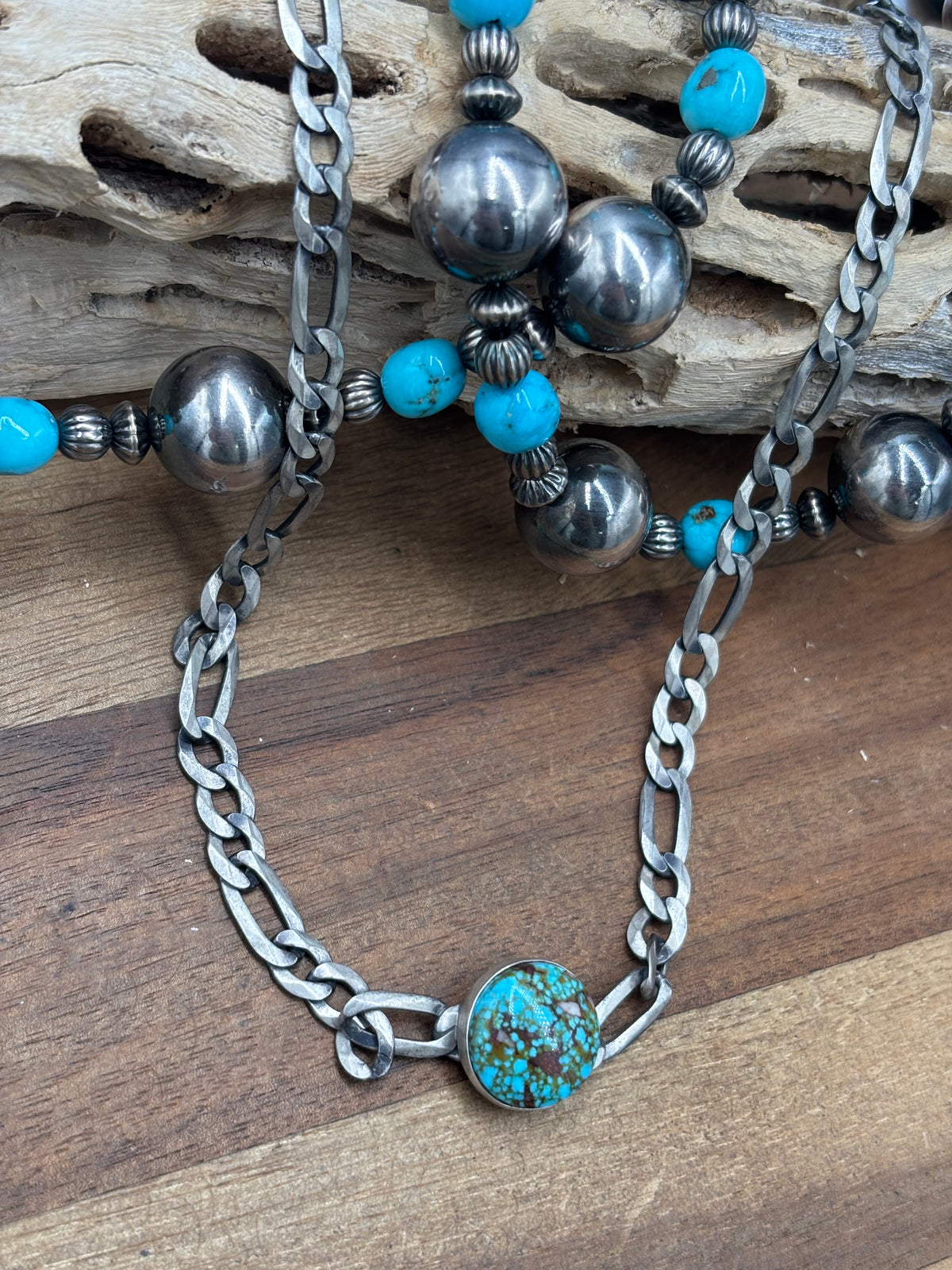Polychrome Webbed #101-2 Kingman Turquoise Figaro Chain Necklace