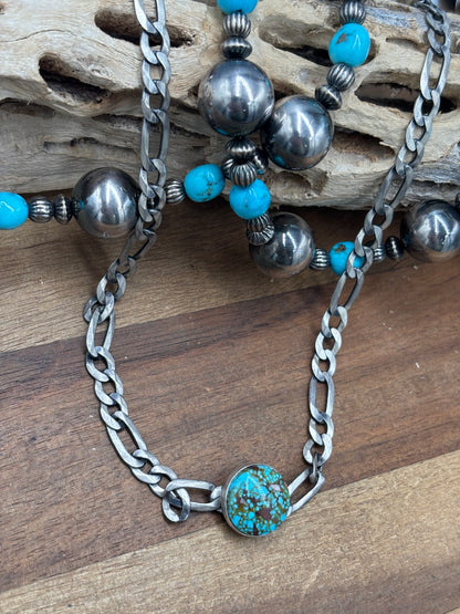 Polychrome Webbed #101-2 Kingman Turquoise Figaro Chain Necklace