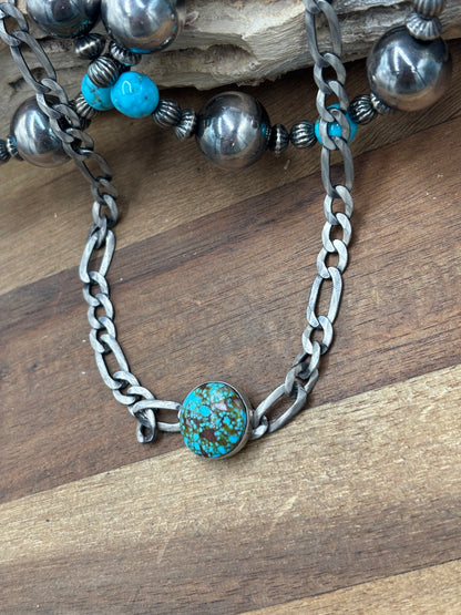 Polychrome Webbed #101-2 Kingman Turquoise Figaro Chain Necklace